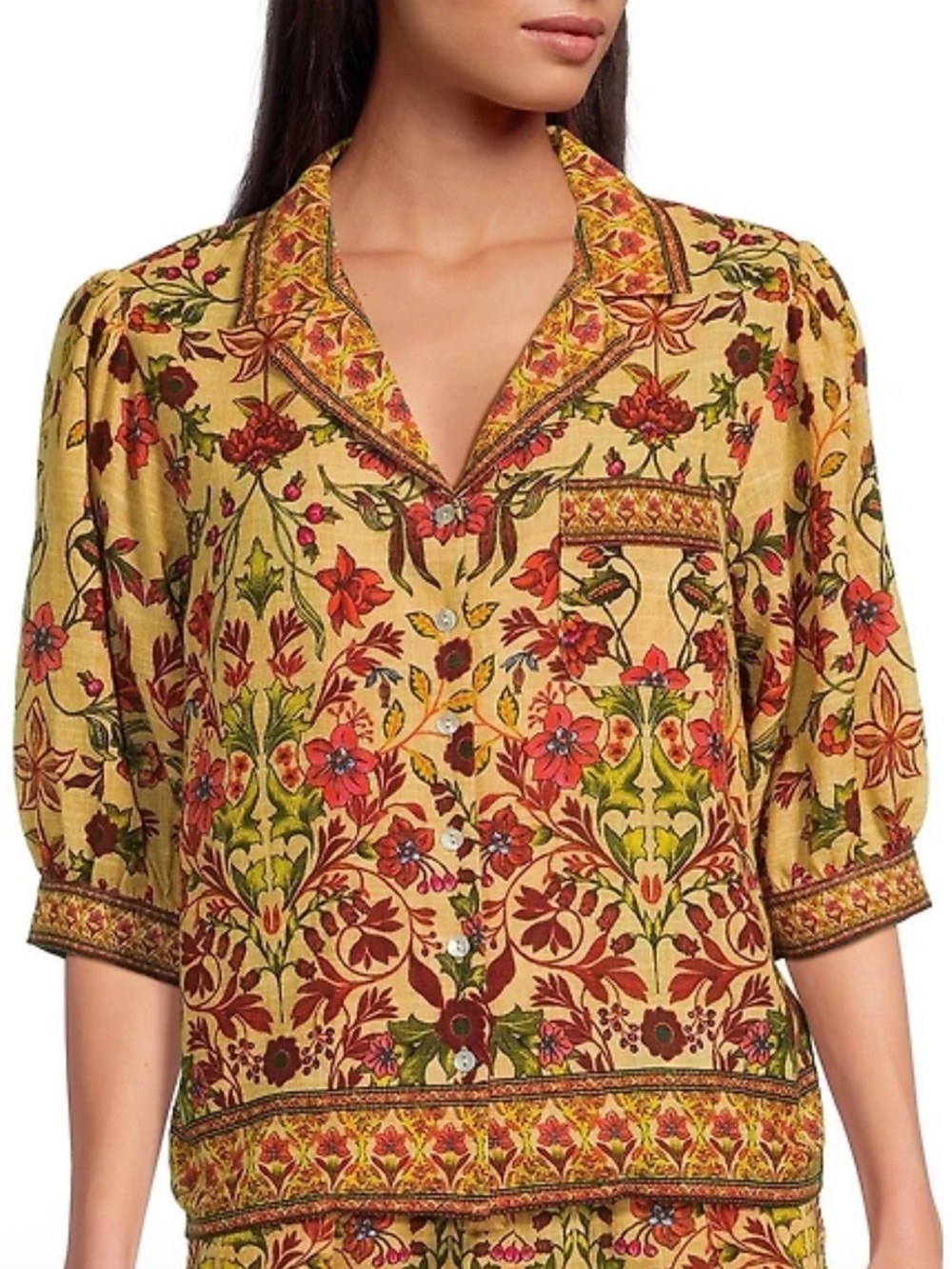Button-Front Floral‎ Blouse in Mustard and Red